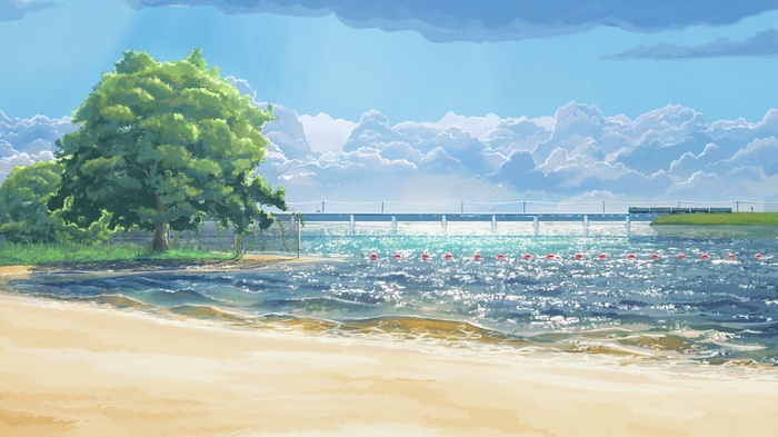 Everlasting Summer beach with a bridge and train