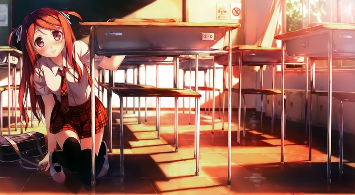 Anime girl in school uniform in a classroom