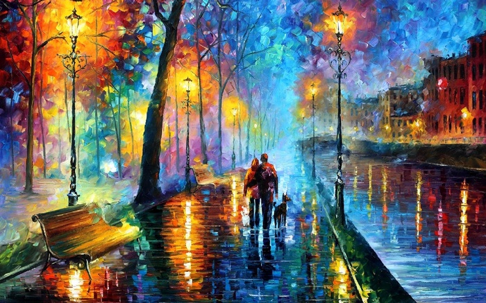 Painting of a couple walking a dog by Leonid Afremov
