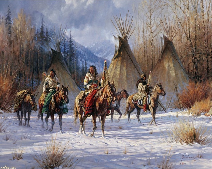 Native Americans on horseback in a snowy landscape