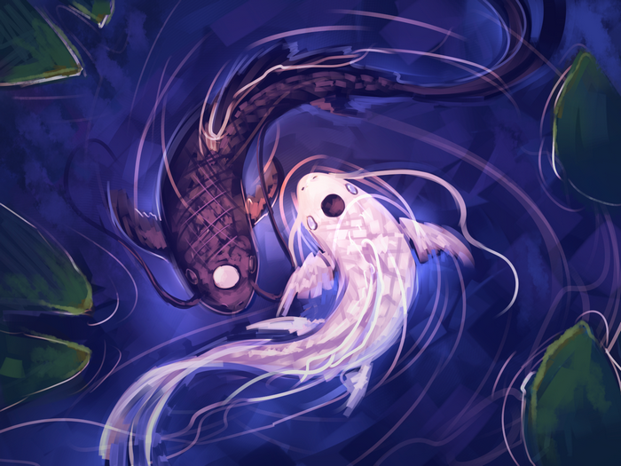 water, lily pads, Yin and Yang, fantasy art, artwork, fish, lake