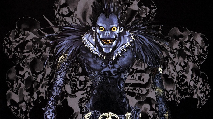 Ryuk from Death Note surrounded by skulls