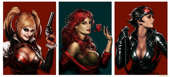 Artwork of Harley Quinn, Poison Ivy, and Catwoman from DC Comics