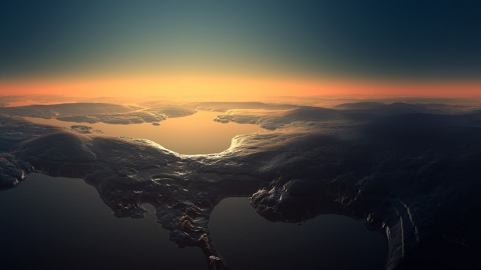 Alien landscape with water and sunset