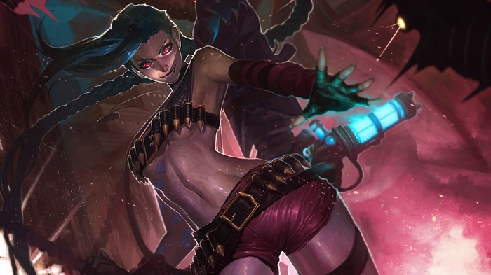 Jinx from League of Legends firing a weapon