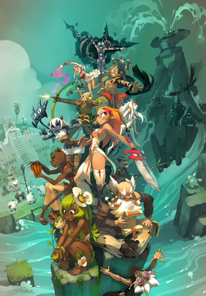 Wakfu characters gathered on a rocky outcrop