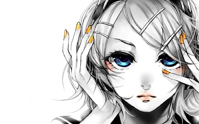 Kagamine Rin anime girl with blue eyes and yellow nails