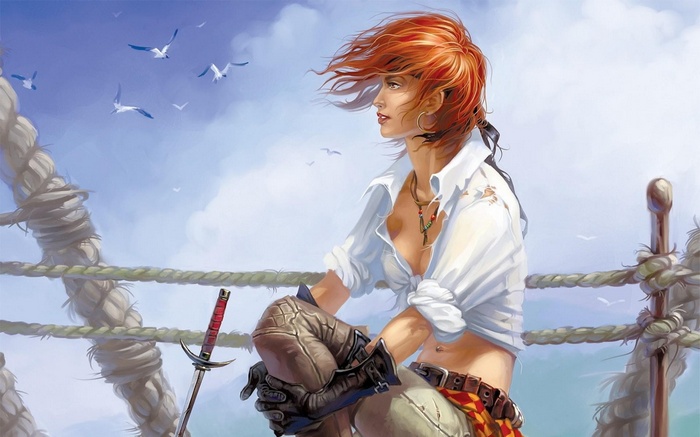 Redhead pirate girl on a ship deck