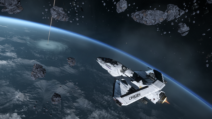 Star Citizen Origin 300i spaceship near a planet