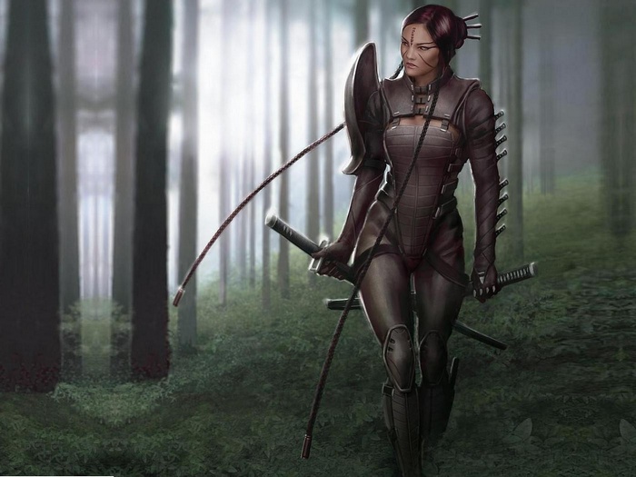 Fantasy warrior woman with katanas in a forest