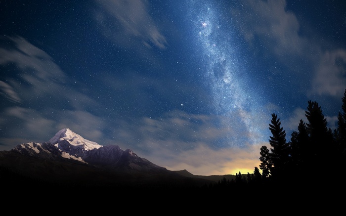 Milky Way over snow-capped mountains and pine trees