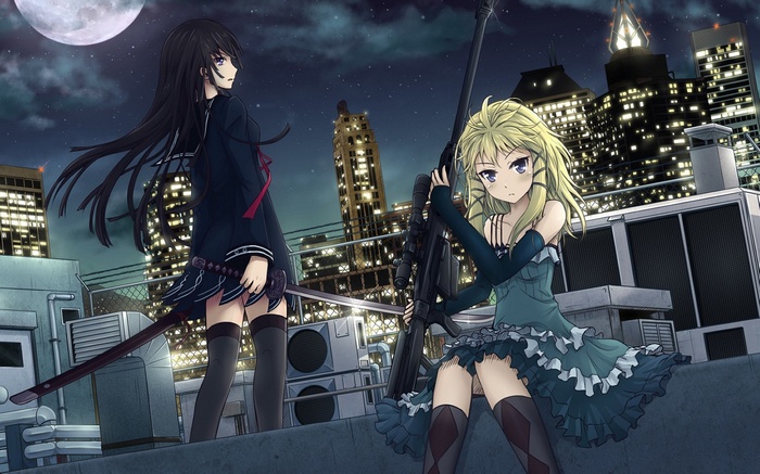 Tina Sprout and Kisara Tendo with sniper rifle and sword