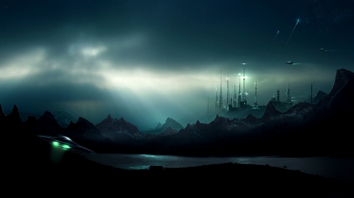 Futuristic alien landscape with city and spacecraft