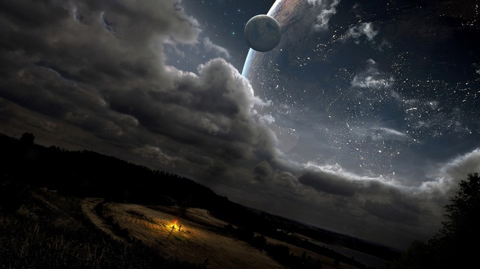 Night sky with planets and a campfire