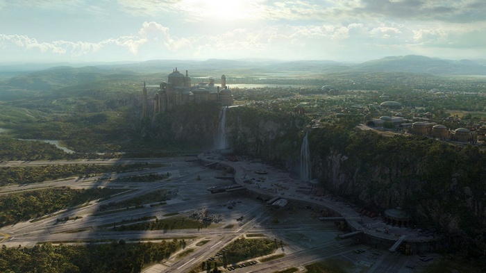 Theed Palace on Naboo with waterfalls and landing platforms