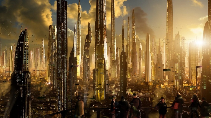 Futuristic city skyline with flying vehicles