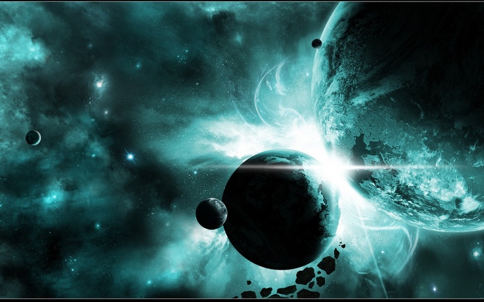 Planets and asteroids in a teal nebula