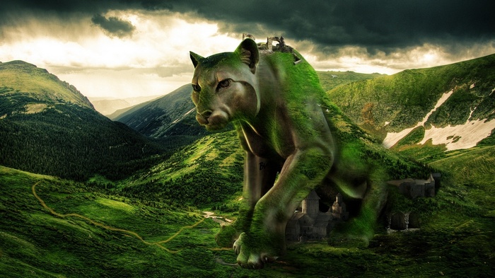 Giant green cougar creature in a mountain landscape