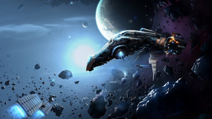 EVE Online Spaceship in Asteroid Field