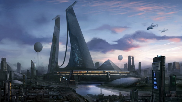 Futuristic city with advanced architecture and flying vehicles