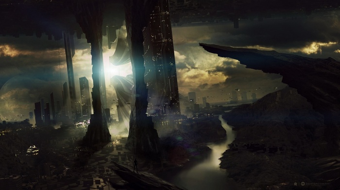 Futuristic city with towering skyscrapers and alien landscape