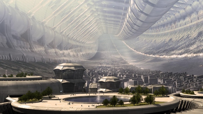 Futuristic city inside a massive cylindrical space station
