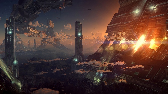 Futuristic city with towering structures and flying vehicles