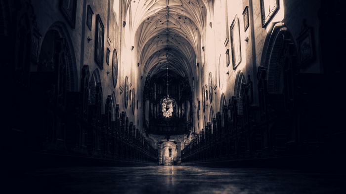 Interior of a grand cathedral with vaulted ceilings and pews