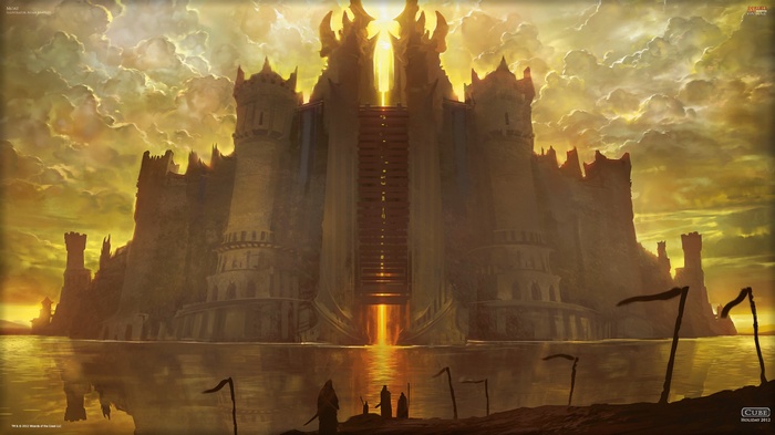Fantasy castle with glowing entrance and stormy sky