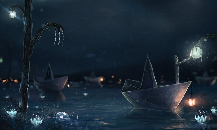 Paper boats and a figure holding a lantern