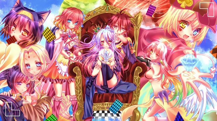 No Game No Life characters on a throne