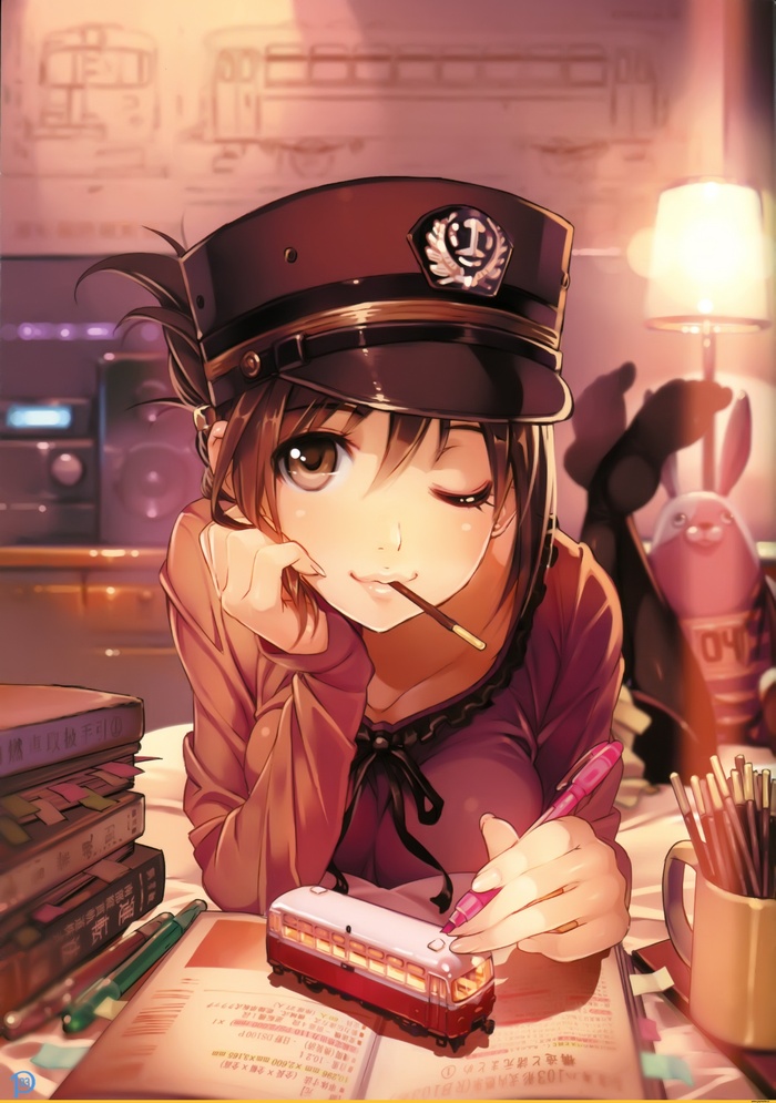 Anime Girl in Uniform Studying with Train Model