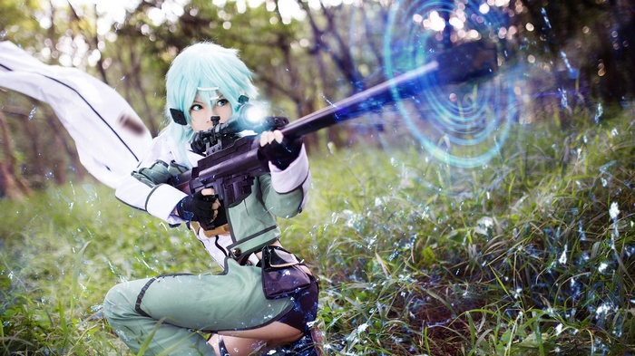 Asada Shino Cosplayer with Sniper Rifle in Forest