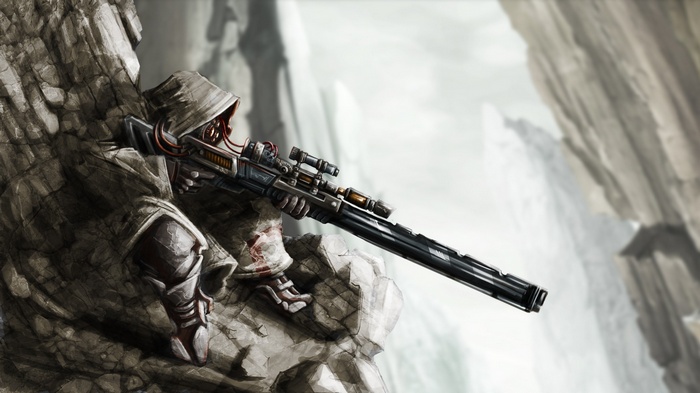 Artwork of a sniper in a rocky, mountainous environment