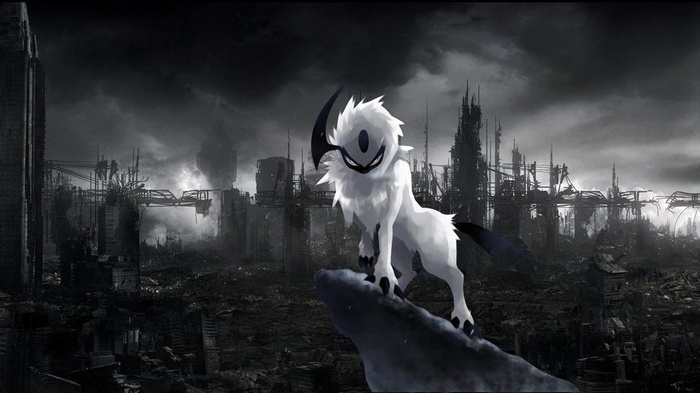 Absol stands on a rock in a ruined city