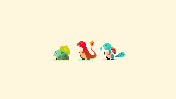 Bulbasaur, Charmander, and Squirtle minimalist illustration