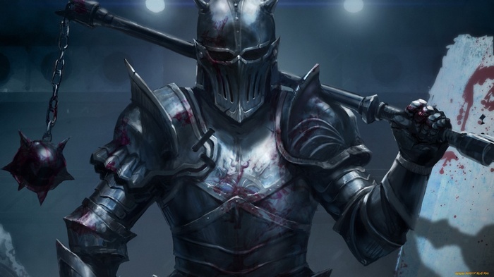 Knight in bloody armor holding a flail