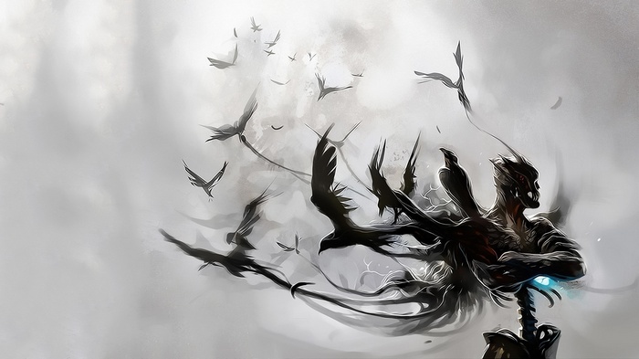 Dark figure with birds flying around