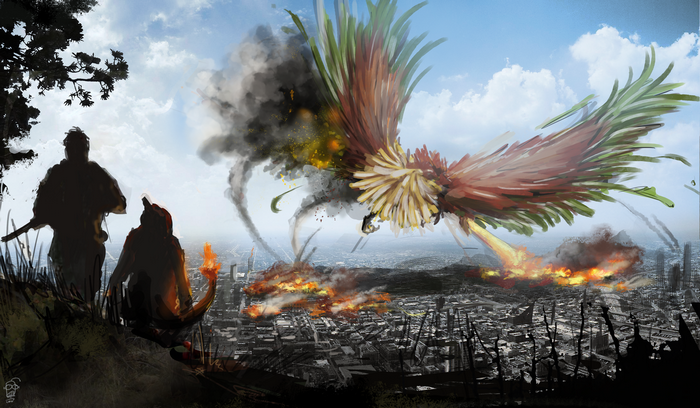 Ho-Oh attacks a city with two people watching