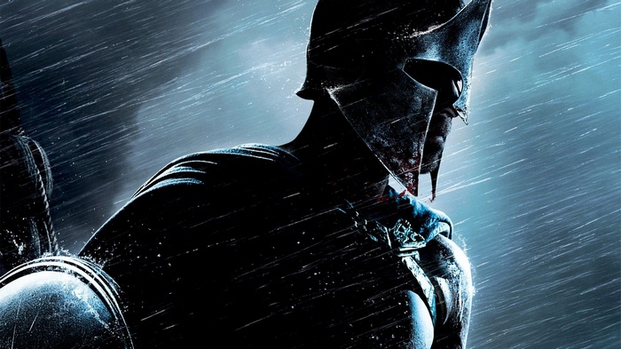 Spartan warrior in armor during a storm
