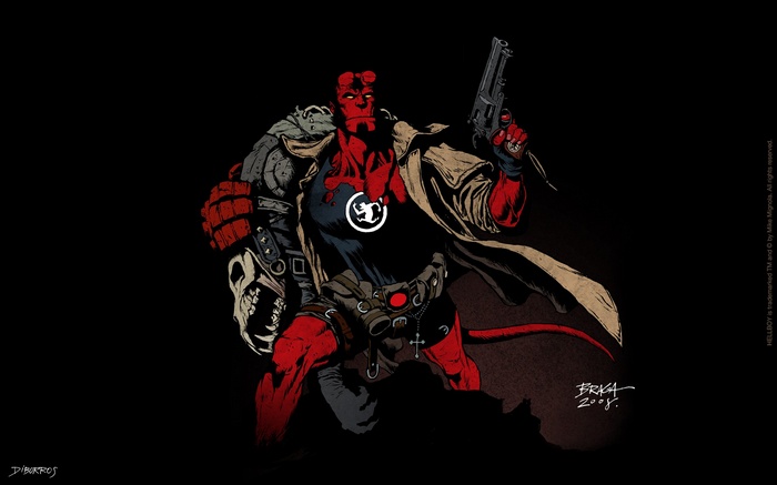 Hellboy holding a gun, comic art
