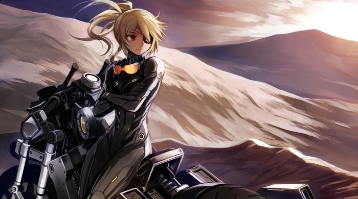 Anime girl with eyepatch on a motorcycle in a desert