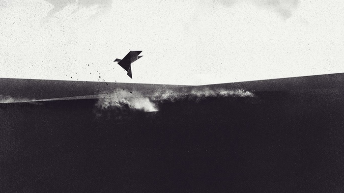Origami bird flying over dark water