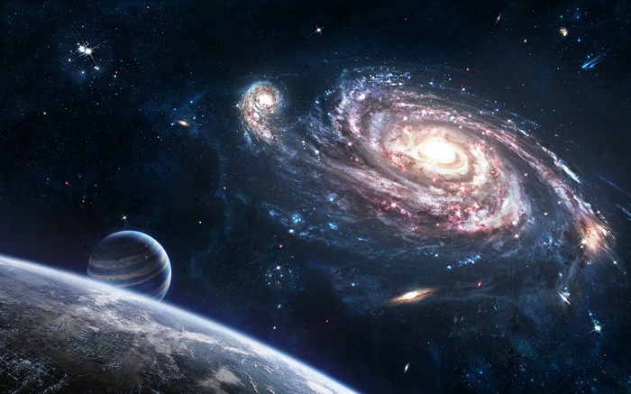 Spiral galaxy and planets in deep space