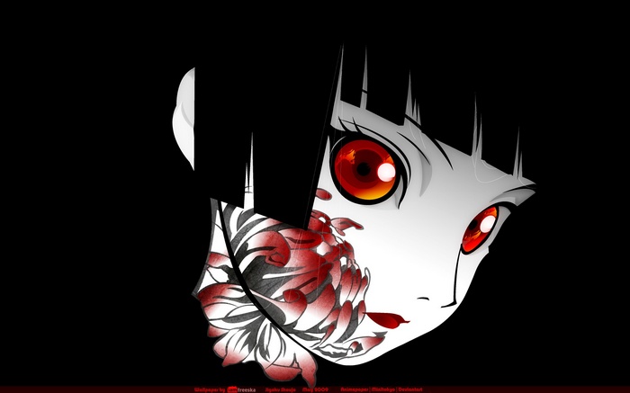 Enma Ai from Jigoku Shoujo with red eyes and flowers