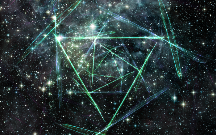 Abstract space with green triangles and stars