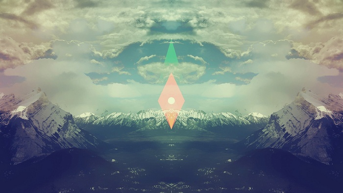 Symmetrical Glitch Art of Snowy Mountains and Sky