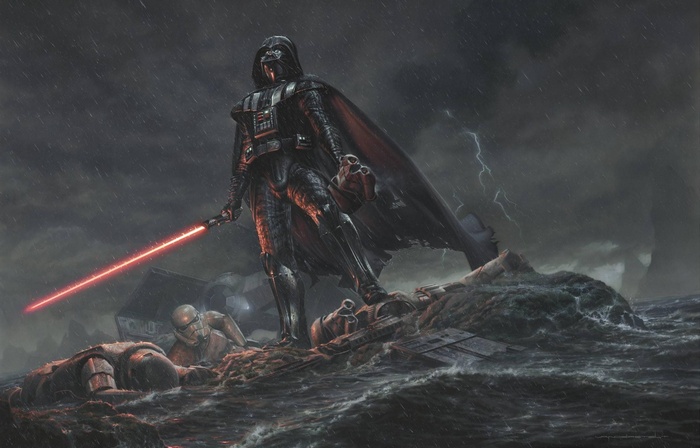 Darth Vader with red lightsaber on a stormy sea