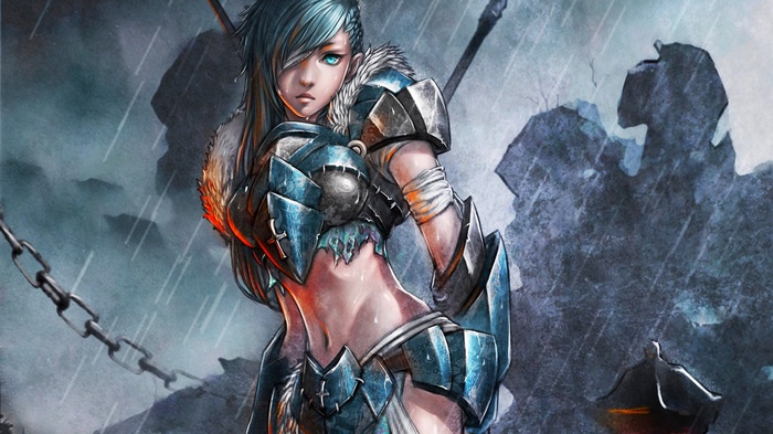 Anime warrior girl in armor in the rain