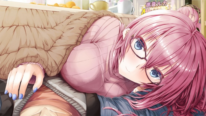 Megurine Luka wearing glasses, wrapped in a blanket